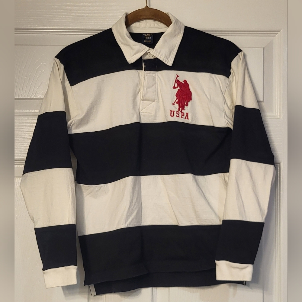 Boy's Us Polo Association Black and White Striped Long Sleeve Rugby Polo Size …